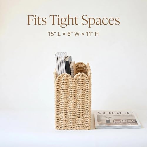 Scalloped Magazine Holder, Hand-wowen Paper Rope Book Holder, Wicker Mail Organizer, File Storage for Bedroom, Narrow Floor Basket for living Room, Office - Image 4