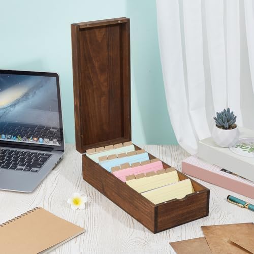 UNICRAFTALE 1 Set Rectangle Index Card Organizer Box Wooden Grid Storage with 200 Cards & 20 Dividers Note Card Holder for Study Office Business Home 12.28x5.71x3.74 Inch - Image 4