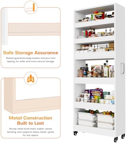 Slim Storage Cart, Lightweight 6 Tier Metal Rolling Utility Kitchen Cart on Wheels, Mobile Storage Shelving Unit Organizer for Bathroom Laundry Office Narrow Places (White, 10" D) - Image 6