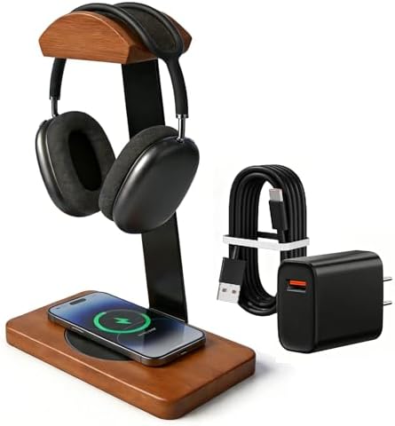 Solid Wooden Headphone Holder with Qi Wireless Charging Pad, Gift Choice by HOTUFELG