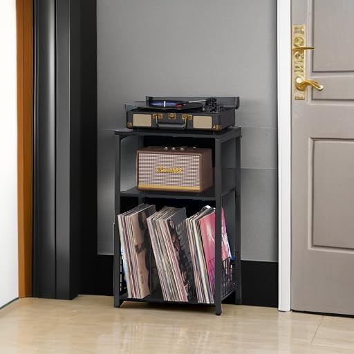 LELELINKY Black End Table, Small Side Table with Metal Frame,Modern Record Player Stand with Storage Shelf, Wood 3 Tier Sofa Bedside Tables, Narrow Nightstand for Living Room Bedroom Office - Image 5