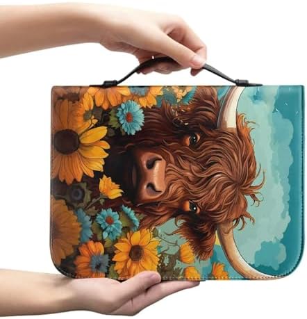 Highland Cattle Print Bible Cover Sunflowers PU Leather Bible Carrying Case for Church Zippered Book Bible Protector with Top Handle - Image 2