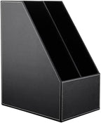 KINGFOM Wooden Leatherette Desktop File Folder Organizer and Document File Stand Journals Magazine Rack 2 Slots (black) - Image 4