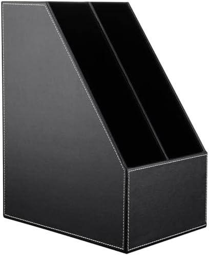 KINGFOM Wooden Leatherette Desktop File Folder Organizer and Document File Stand Journals Magazine Rack 2 Slots (black) - Image 4