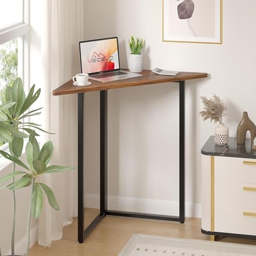 VECELO Corner Desk,Office Tables for Living Room for Small Space Triangle Computer Desk with Steel Frame Corner Shelves with Metal Frame Writing Desk for Workstation Classic Brown 31.1" - Image 4