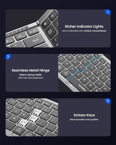 Foldable Keyboard and Mouse, Samsers Folding Bluetooth Keyboard Combo, 2.4G + BT5.0 x 2, Full-Size Portable Travel Keyboard & Rechargeable Wireless Mouse for Windows Android iOS Mac OS, Gray Black - Image 6