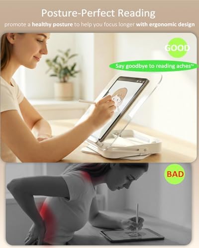 Book Stand for Reading, Acrylic Adjustable Book Holder with Book Page Holder, 360°Cookbook Stand with Storage for Kitchen Counter, Hands Free Recipe Book Holder for Textbook Cookbook, Clear - Image 4