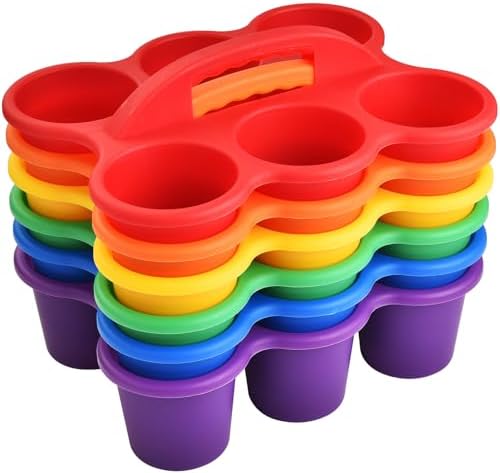 NINU 6 Pack Classroom Caddy Organizer with Handle, Plastic Drink Cup Caddy Holder, 6 Compartments for Kids, Table, Office, Arts, Crafts, Crayon, Marker, Pencil, School Supplies - 6Colors by NINU