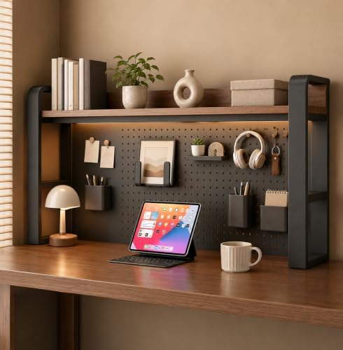 Desk Shelf Organizer with Pegboard & Storage Accessories, 2-Tier Desk Hutch Desktop Storage Rack, Desk Shelf for Office and Home Office Black Frame/Walnut Board (2-Tier) 61"×9.8"×26" by Unknown