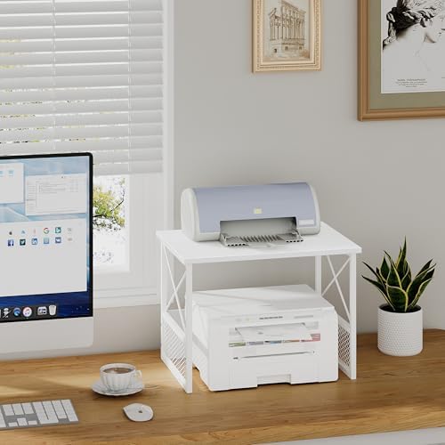 Printer Stand for Desk, Desktop Printer Stand Shelf Organzier for Home Office, for Above and Under Desk, Fax Machine Copier Scanner, White - Image 2