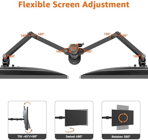Amazon Basics Adjustable Dual Monitor Desk Mount, Supports up to 32 inch Monitors and 22 lbs per Arm, Adjustable Tension, VESA 75x75/100x100, Black - Image 3