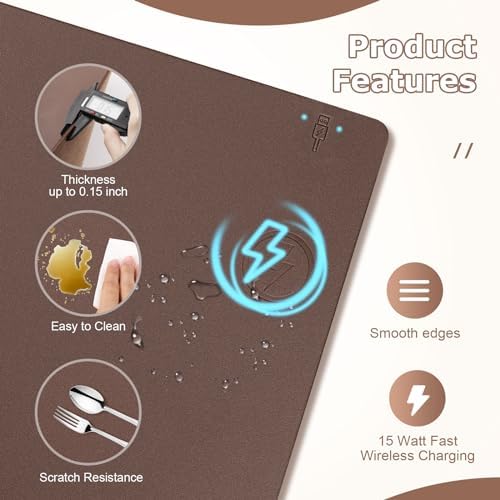 Wireless Charging Mouse Pad 2 in 1 Leather Multifunctional Office Desk Pad with Non-Slip Rubber Base, Waterproof Desk Pad for Computers/Office/Work/Home/Decor 36" x 17" Brown - Image 4