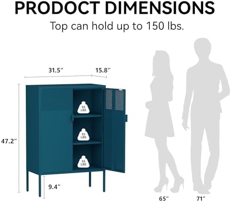 COFaR Peacock Blue Metal Cabinet, 47”H Modern Sideboard with Adjustable Shelves, Stylish Coffee Bar & Buffet Storage for Dining Room, Kitchen, Ventilated Metal Organizer with Magnetic Doors - Image 2