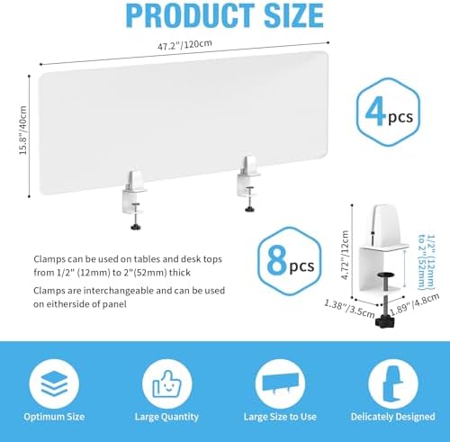 Desk Divider 4 Pcs Desk Privacy Panel 47.2''L x 15.8W'' Office Partitions Frosted Acrylic Panel Pack of 4 Desk Divider Partition with Adjustable Universal Base - Image 2