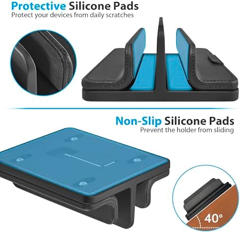 Dual Vertical Laptop Stand, 3 in 1 Upright Desktop Stand Holder with Adjustable Dock (Up to 17.3''), Leather Laptop Rack Storage Desk Organizer for Phone, Tablet, MacBook/HP/Dell/Chrome Book (Black) - Image 4