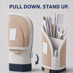 Retractable Pencil Case, Large Standing Pen Pouch, 3 Compartments (Classic Khaki) - Image 4