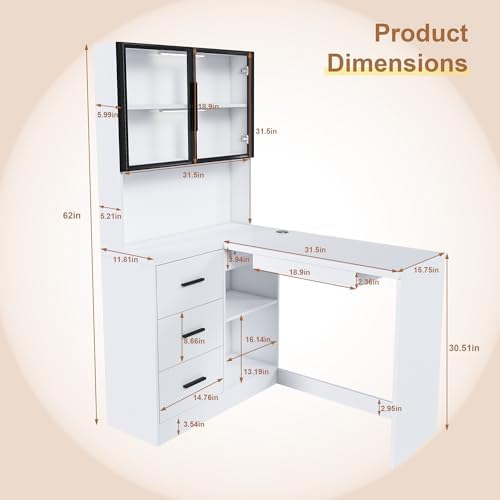 43.3" White L Shaped Office Desk with Glass Cabinets and Drawers - Image 2