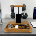 Dual Headphone Stand, Acacia Wood Holder for 2 Headsets, Phone & Tablet - Image 3