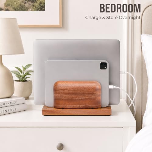 SIEUSALEVN Vertical Laptop Stand, Dual Slot Wooden Laptop Holder for Desk, Width Adjustable Dock for MacBook Pro, Laptops & Tablets, 100% Natural Wood Desktop Organizer. - Image 7