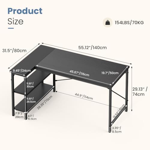 DUMOS 55" L Shaped Computer Desk, Corner Desks with Storage Shelves, Black - Image 3