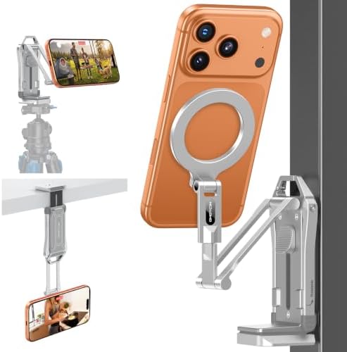 OMOTON TP02-Pro Magnetic Phone Holder, 5-in-1 Tripod Stand with Rear Attachment Plate | Desk, Kitchen, Gym, Vlogging | iPhone 12-17 Series, Silver by OMOTON