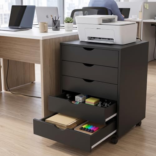 5 Drawer File Cabinet with Wheels, Under Desk Storage Drawers, Black - Image 2