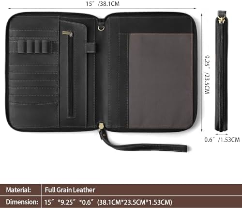 Ringsun Genuine Leather Portfolio with Zipper, Padfolio Portfolio Organizer Folder for Men Women, Professional Business Card Holder for A5 Letter Size Notepad, Resume, Writing Pad, Pen Loop, Black - Image 2