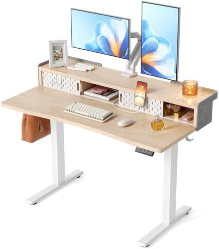 FEZIBO 48 X 24 Inch Standing Desk with Storage, Adjustable Height Sit Stand Desk with Sliding Pegboard Organizer, Felt Wall Bumper, Monitor Arm Compatible for Home Office Workstation, Maple by FEZIBO