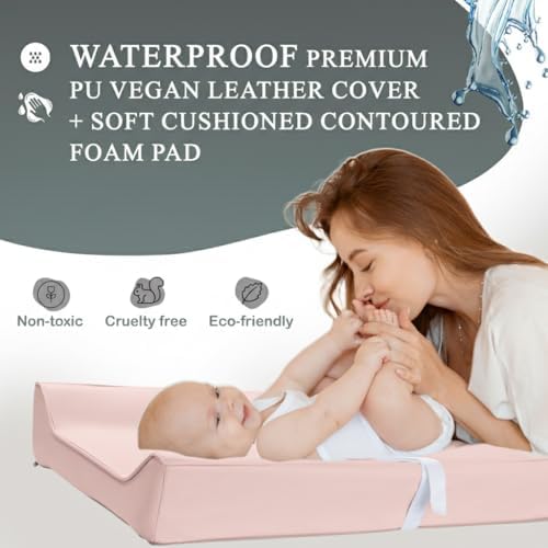 Vegan Leather Contoured Baby Changing Pad | Waterproof & Wipe-Clean PU Leather Diaper Change Mat, Soft, Wipeable Cover, Safety Strap, Non-Slip Bottom, Topper for Standard Infant Diaper Table & Dresser - Image 4