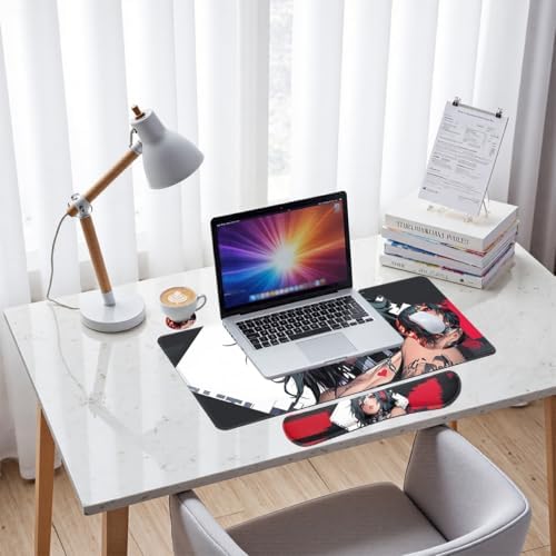 Anime Girl Gamer Desk Mat Set Dark Cyber Red Waifu Large Mouse Pad with Wrist Rest 4in1 Desk Mat for Desktop Ergonomic Computer Desk Arm Wrist Anti-Slip Computer Mouse Pad Home Office Gaming - Image 7