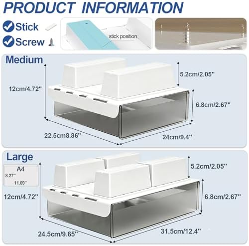 SVNNELP Upgrade Under Desk Drawer for Table with Lip,2 Pack Large & Medium,Slide Out Attachable Drawer for Under Desk Storage Organizer(ClearBlack/LM) - Image 2