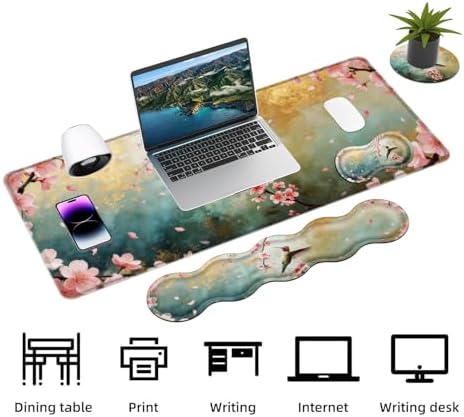 Keyboard Mouse Pad Set, Extended Gaming Mouse Pad+Ergonomics Keyboard Wrist Rest Support, Memory Foam, Easy Typing Pain Relief, 4Pcs XL Ultra Thick Desk Mat,Hummingbird Pink Flower - Image 3