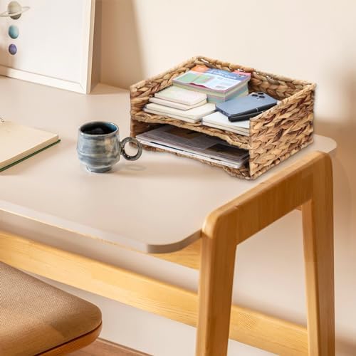 BTSKY 2 Tier Water Hyacinth Letter File Storage Basket, Woven Paper Organizer A4 File Tray Magazine Holder Woven Basket for Desk Document Office Paper Organizer and Storage - Image 6