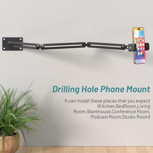 Wall Mount Phone Holder,Phone Holder for Desk Bed,3-Stage Aluminium iPhone Stand,Foldable Extendable Arms Heavy Duty Drilling Base,Compatible with 3.5~7.5" iPhone/HTC/LG/Huawei/Galaxy/Smartphones - Image 4