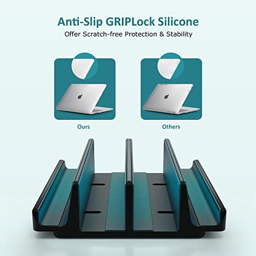 Vertical Laptop Stand - SPACEMax Adjustable GRIPLock Anti-Tip Silicone 4 Slots Aluminum Desktop Holder - Double Dock Stand - 2 Phone Slots Fits Up to 17.3” Laptops, Tablets, Phones - Black - Image 5