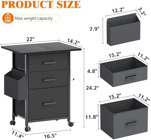 Mexin 3 Drawer File Cabinet with 22'' Extended Desktop, Mobile Filing Cabinet, Printer Stand, Rolling Printer Stand with Side Bag, Fabric Drawer, Fits A4 Size, Home Office, Black - Image 3