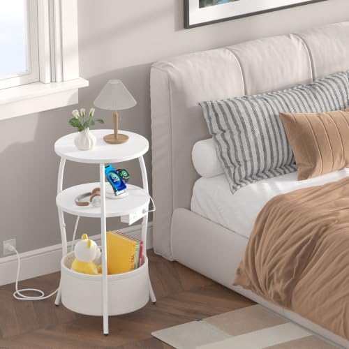 sthemc 3-Tier Small Round End Table Livingroom with Charging Station,Basket - Image 7