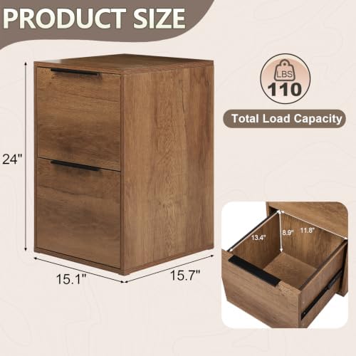 File Cabinet 2 Drawer, Wood Filing Cabinets with Hanging Bars for Letter Size, Samll Filing Cabinets for Home Office, Under Desk Storage Cabinet, Assembly Required, Brown - Image 3
