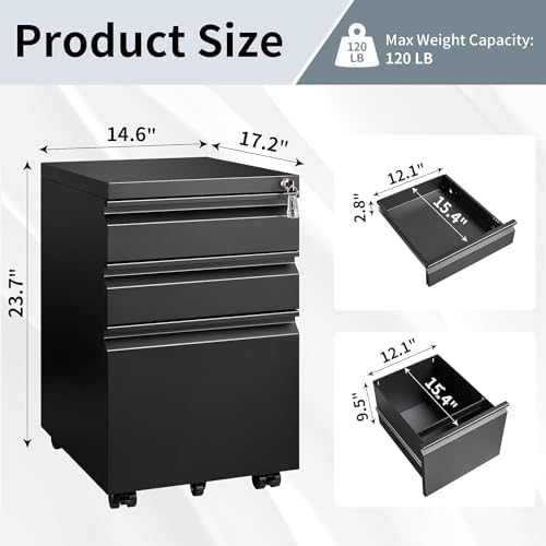 Guizeeopo Filing Cabinets for Home Office, Mobile File Cabinet with Lock, 3 Drawer Filing Cabinet for A4/Letter/Legal Size Folder, Fully Assembled Except Casters, Matte Black - Image 2