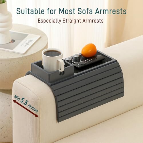 Bamboo Couch Cup Holder Arm Tray Table with Anti-Slip Cork Pad，Couch Drink Holder，Sofa Cup Holder Armrest Tray，Foldable Arm Chair Table Recliners for Drink, Cups, Eats，Snacks, Phone, Remote (Gray) - Image 4
