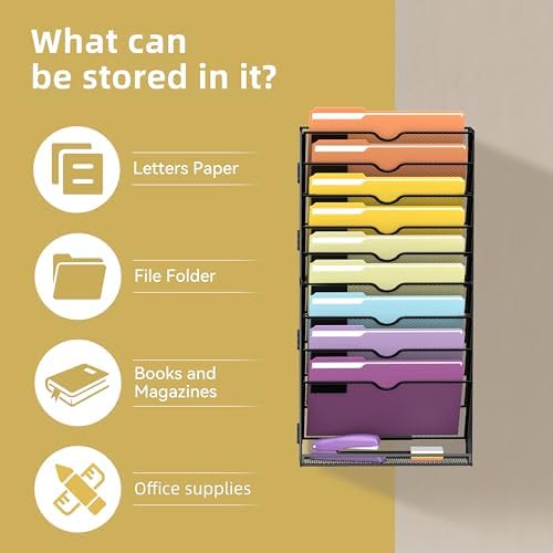 SUPEASY 10Tier Hanging Wall File Holder Organizer for Papers, Folders, Files Clipboard & Magazine Organization Great for Office Home, Assembly Needed, Black - Image 5
