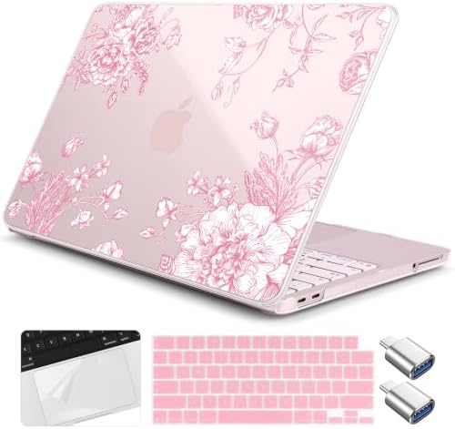 for MacBook Neo 13 inch Case 2026 (Model A3404, A18 Pro) Precision Fit & Scratch Unique Design Hard Shell, Keyboard Cover, Trackpad Protector, 2 OTG Adapter, for Women Cute, Pink Peony by Yebiseven