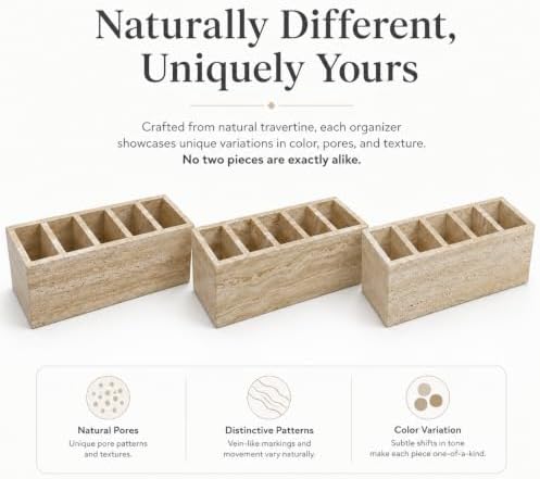 Travertine Desk Organizer, 5-Compartment Pen & Brush Holder - Image 2