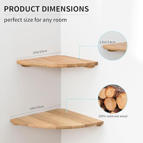 Corner Shelves, Floating Corner Shelf, Set of 2 10inch Solid Oak Wood Corner Wall Shelves, Round End Wall Mount Display Shelf with Wire Hole for Bedroom Kitchen, Living Room - Image 6