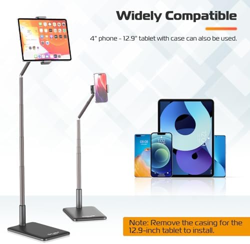 VIJIM Tablet Floor Stand Holder, Phone Stand for Recording, Adjustable Cell Phone & Tablet Holder for Floor, Compatible with iPad Pro Air Mini, Galaxy Tab, iPhone & 4.6-12.9 Inch Devices - Image 6