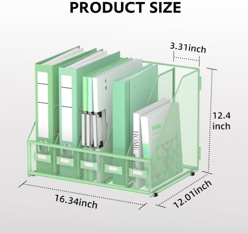 5 Vertical Compartments Magazine Holder, Metal Binder Organizer, Mint Green - Image 2