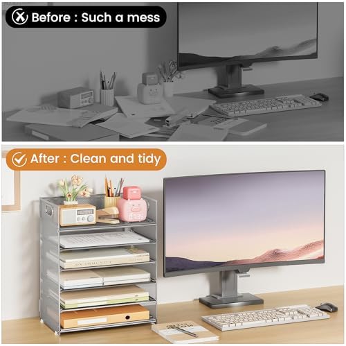 Subekyu 6 Tier Paper Organizer for Desk with Handle, Metal Mesh Desk Office File Folder Paper Letter Tray Accessories Organizer Sorter for Home, School, Office Desktop Document Organization - Silver - Image 2