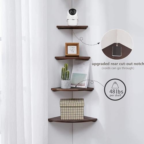 Corner Shelves, Floating Corner Shelf, Set of 2 Solid Oak Wood Wall Shelves, Round End Wall Mount with Wire Hole Shelving for Small Plant for Bedroom Kitchen, Living Room Walnut 8.7” - Image 4