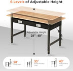 60" Adjustable Work Bench with Drawers, Workbench for Garage with Strip Light, Work Table with Large Pegboard, 2000 LBS Heavy Duty Table with Power Outlet Rubber Wood for Office, Workshop - Image 5