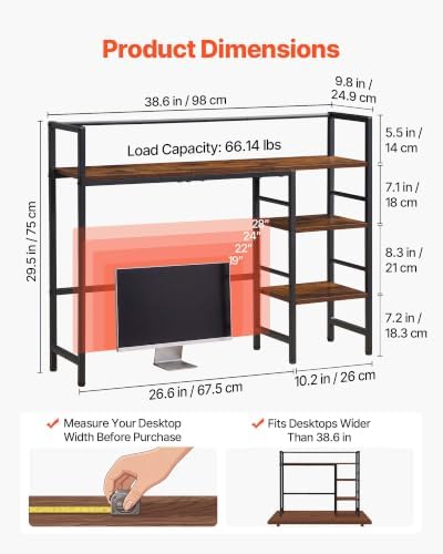 VEVOR Desk Shelf 38.6" W, Desktop Bookshelf Storage Hutch for Computer Monitor, Metal Frame and Wooden Shelf, 4-Tier Desk Display Rack, Multipurpose Desk Organizer Hutch for Dorm, Home, Office - Image 2